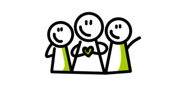 Drie glimlachende stickfiguren, middelste houdt groen hart vast.