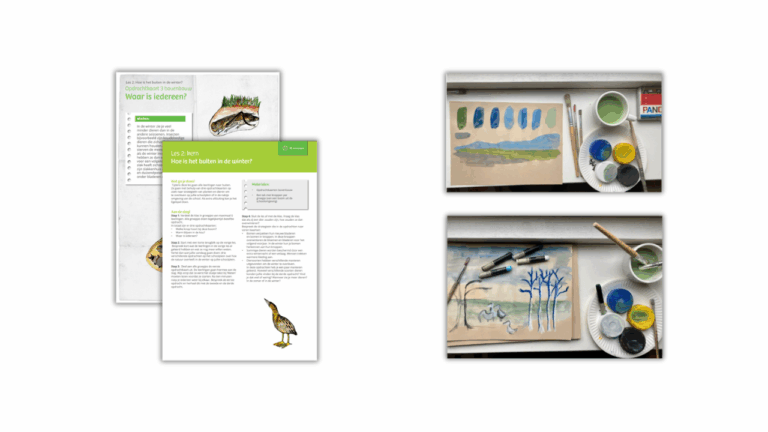 Twee lesbladen over winter en kunstmaterialen met aquarelverf en penselen.