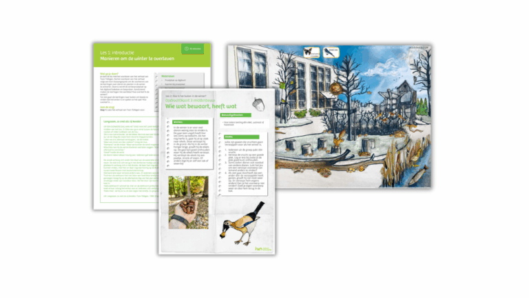 Educatief materiaal over dieren in de winter; bevat teksten en illustraties van een winterlandschap.