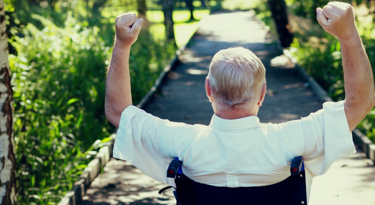 Een oudere man in een rolstoel heft triomfantelijk zijn armen terwijl hij naar een zonovergoten, met bomen omzoomd pad in een park kijkt. De scène suggereert prestatie of een gevoel van vrijheid in de buitenlucht.