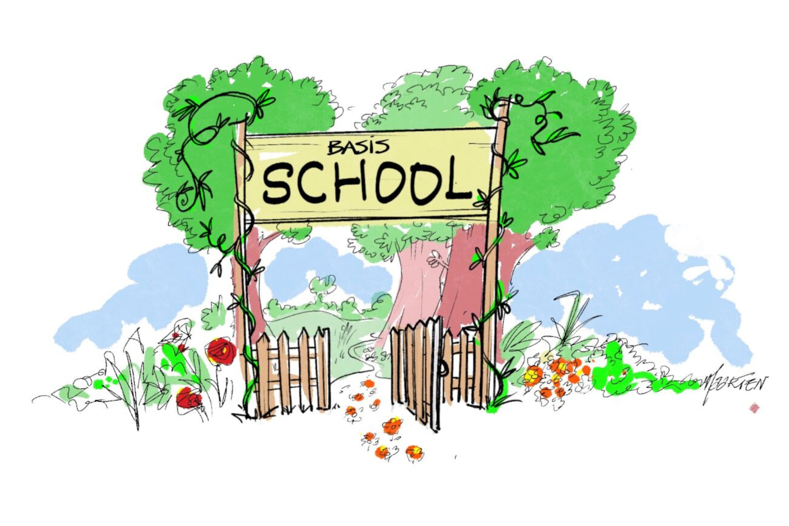 Illustratie van een basisschoolbord omringd door bomen, bloemen en een houten hek.