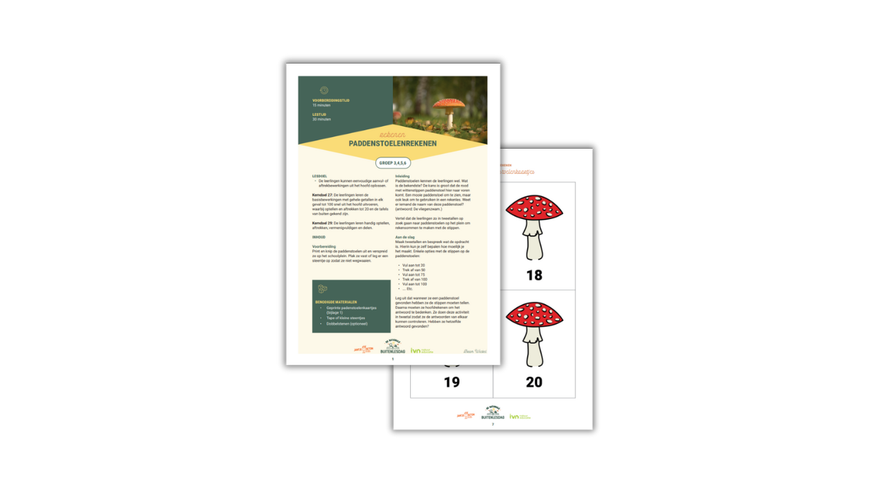 Twee paginadocument over paddenstoelenrekenen voor groep 3-5, met illustraties van rood met witte stippen paddenstoelen.