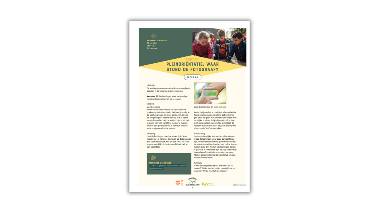 Educatief lesontwerp met kinderen buiten, tekst over fotografische perspectieven, Groep 1-2.