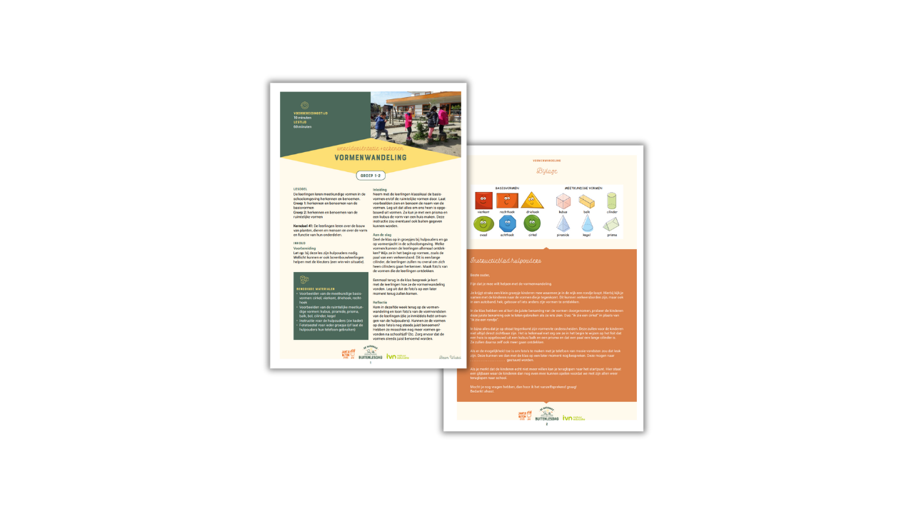 Afbeelding van een educatief document over een "Vormenwandeling" met lesplan en bijlage met vormen.