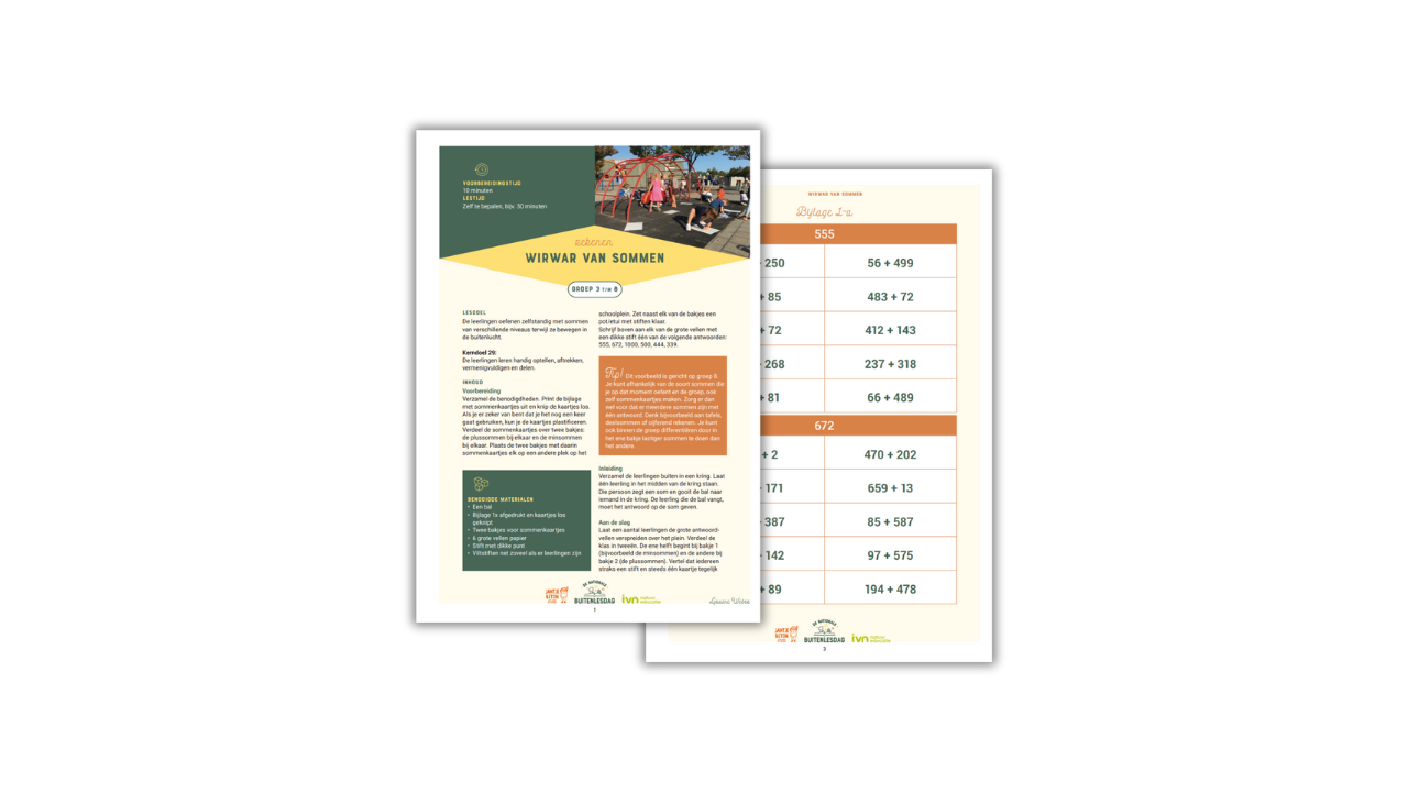 Twee educatieve pagina's, een overzicht van een rekenspel en een optelsom-lijst.