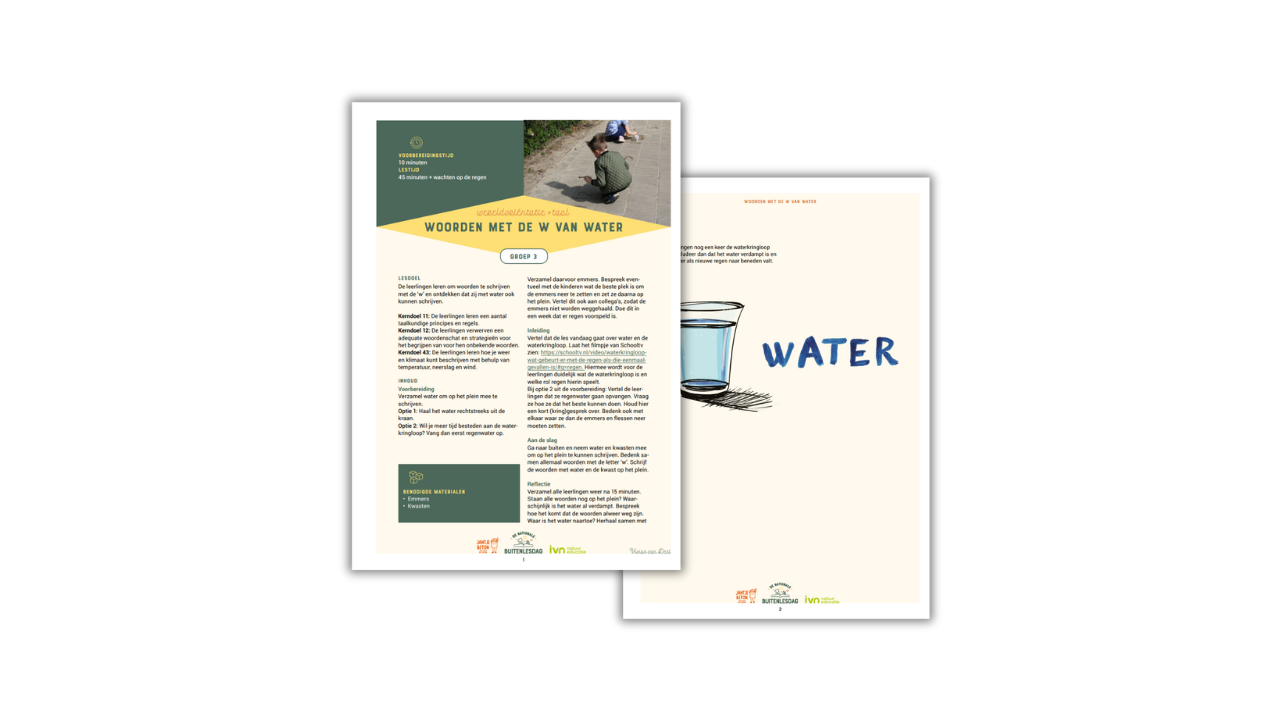 Twee pagina's van een lesplan over "Woorden met de W van Water" met tekst en een glas water illustratie.