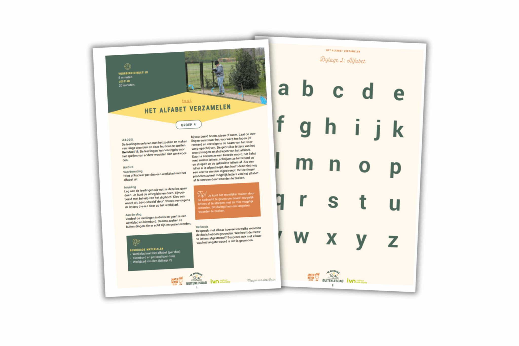 Educatief werkblad over het alfabet verzamelen bij lesactiviteit, met letters op bijlage.