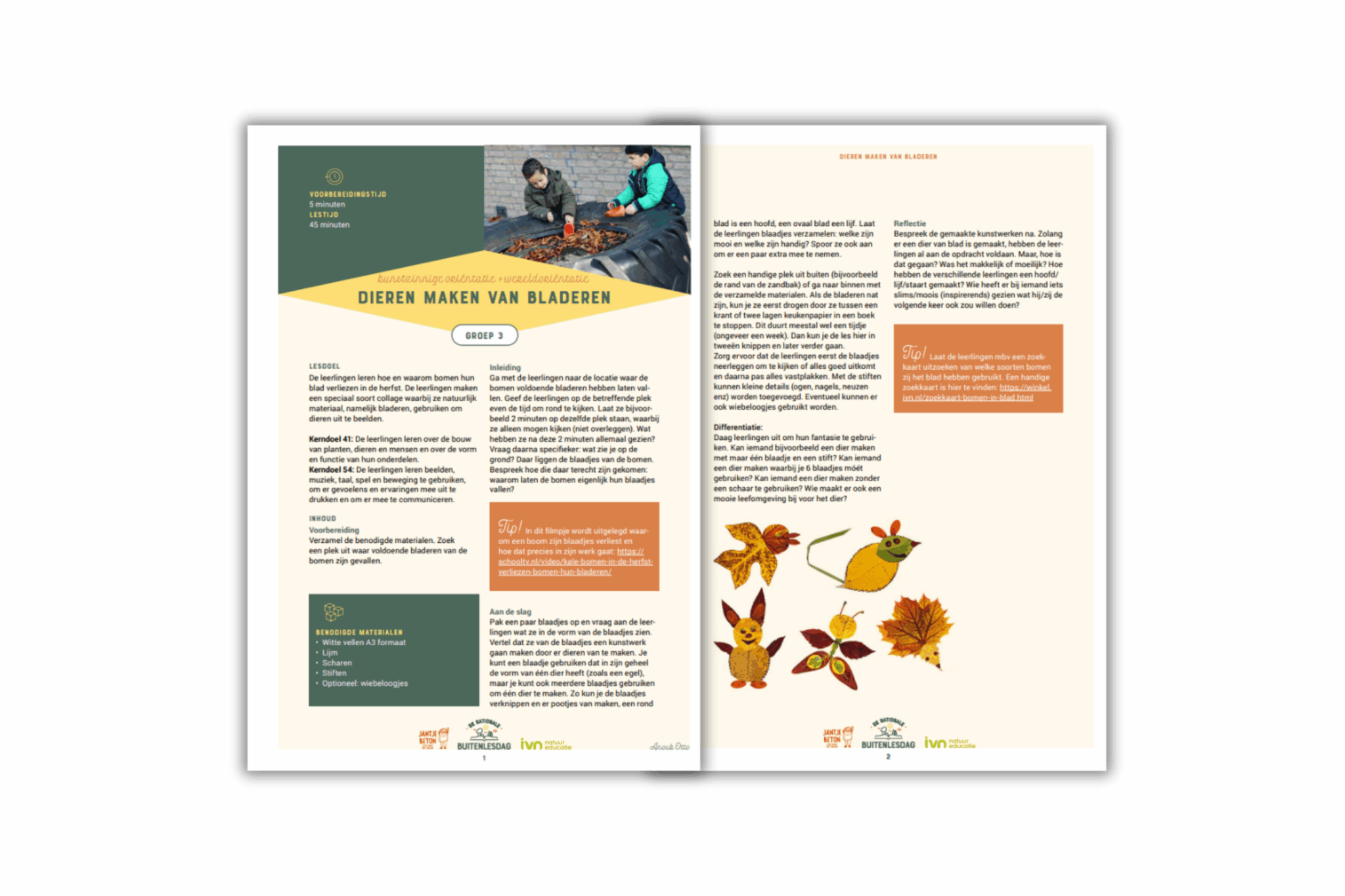 Een educatieve handleiding over dieren maken met bladeren voor groep 3, met uitleg en voorbeelden.