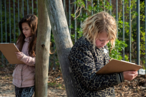 Twee kinderen schrijven buiten op clipboarden, leunend tegen een boomstam.