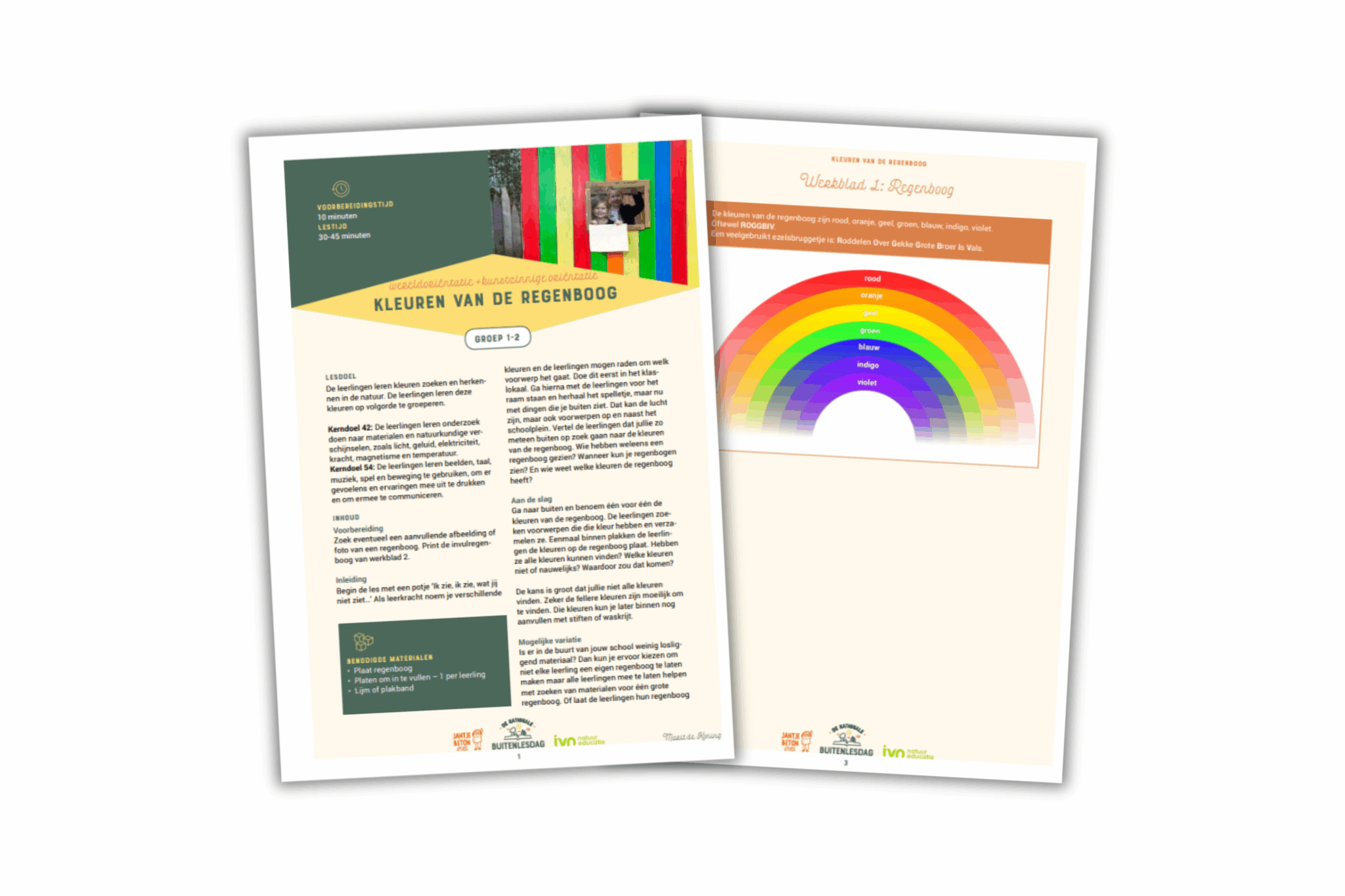 Twee pagina's over "Kleuren van de Regenboog" met lesideeën en regenboogdiagram.