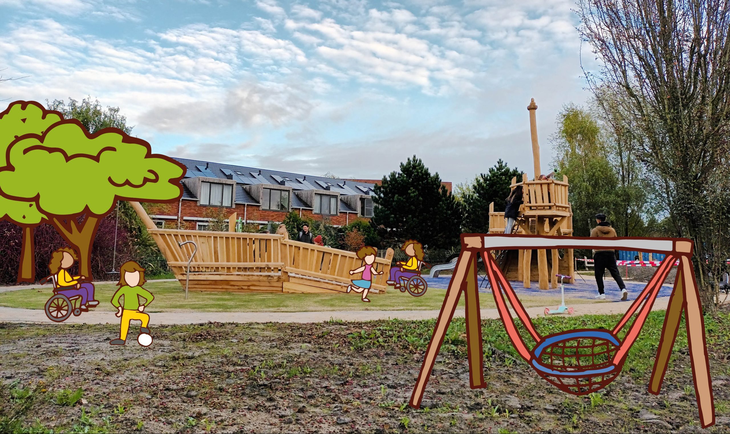 Speelplaats met houten klimtoestel, schommel en spelende kinderen in een groene buurt.