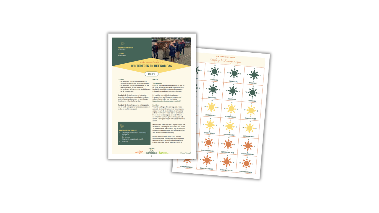 Educatief lesmateriaal voor groep 4 over wintertrek en het kompas, met instructies en kompasroos.