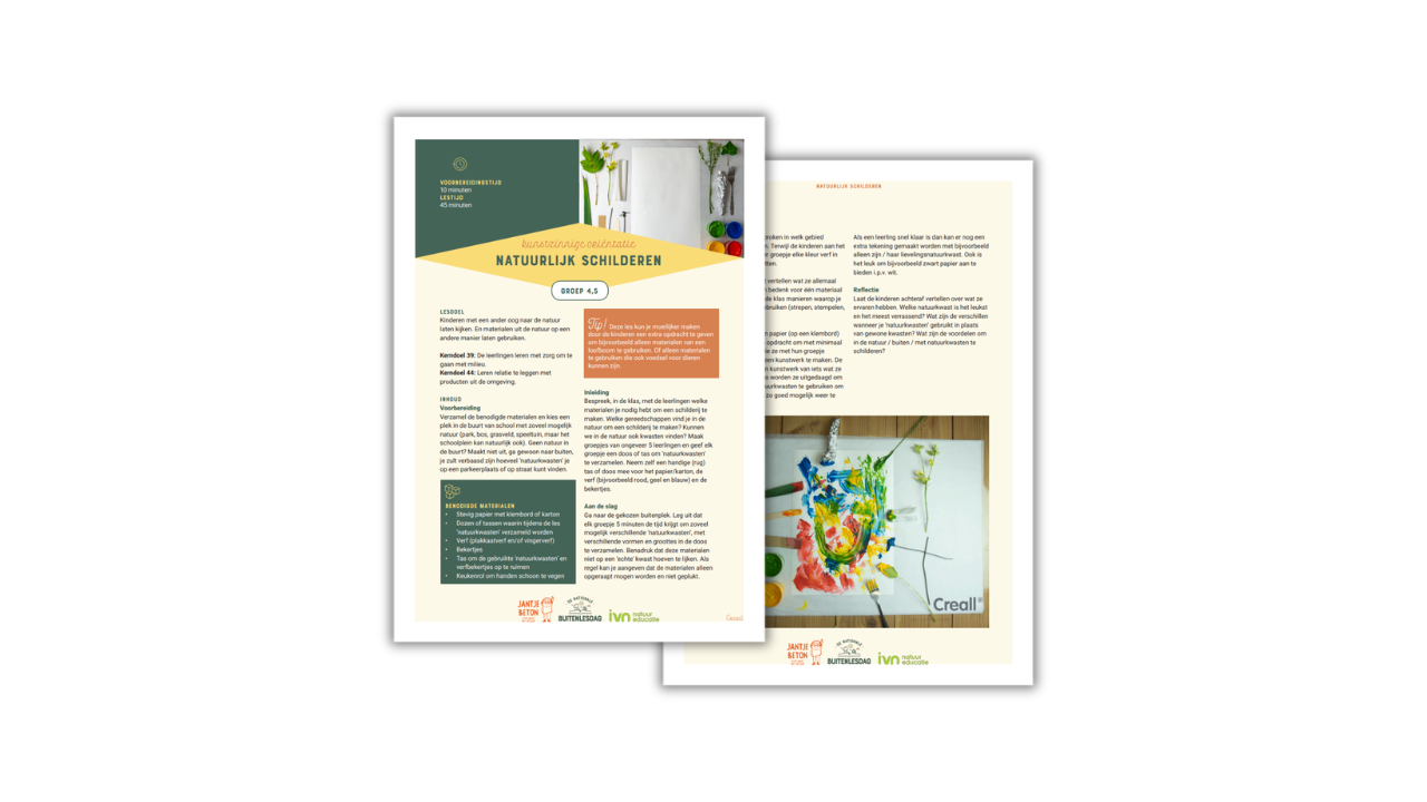 Flyer voor een kunstles "Natuurlijk Schilderen," groep 4/5, met materialenlijst en instructies.