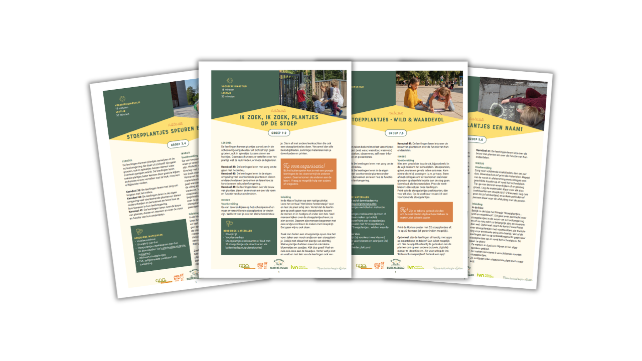 Vier brochures over natuuronderwijs met foto's van kinderen die naar stoepplantjes kijken.
