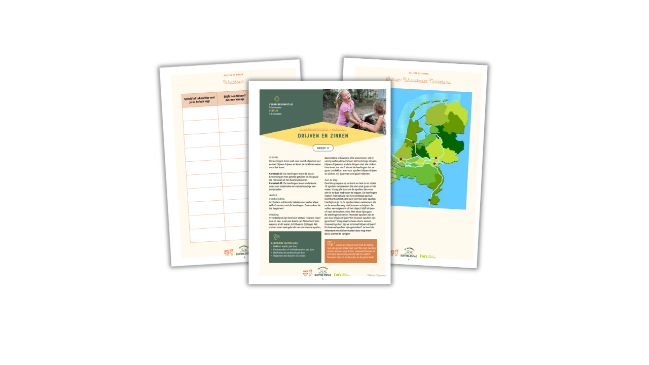 Drie educatieve vellen over drijven en zinken, inclusief een kaart van Nederland en een werkblad.