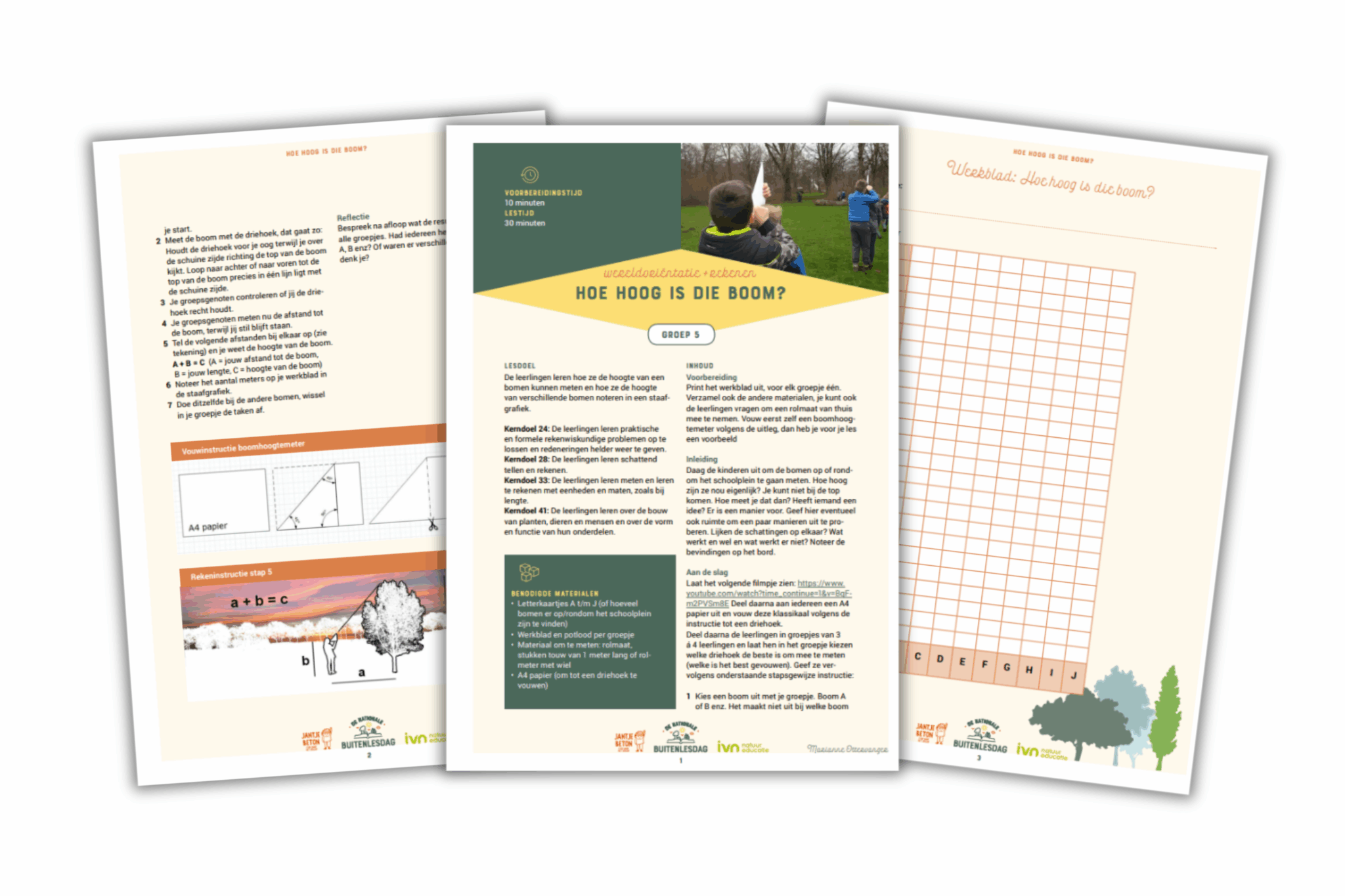 Drie pagina's van een lesmateriaal over het meten van boomhoogtes met grafieken, uitleg en diagrammen.