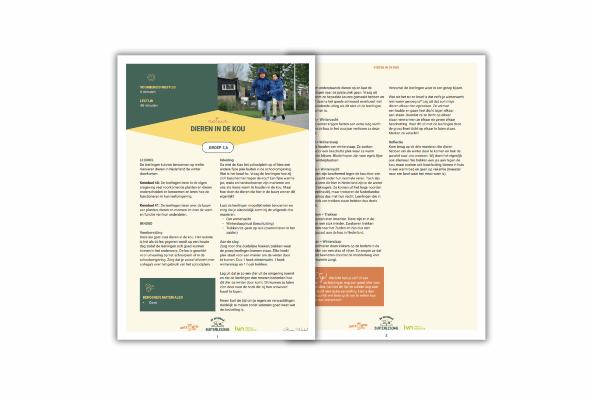 Twee pagina's over winterdieren, lesideeën en activiteiten voor groepen 5 en 6 in Nederland.