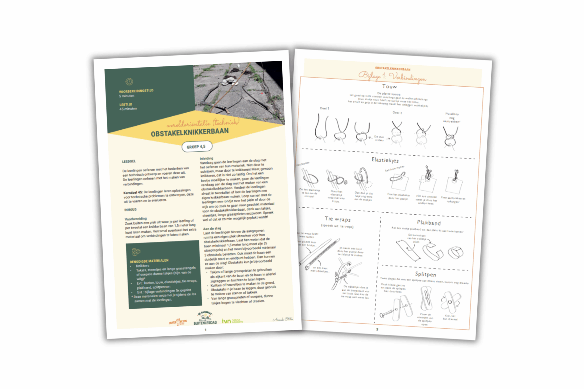 Twee pagina's met instructies en illustraties voor het maken van een obstakel knikkerbaan.
