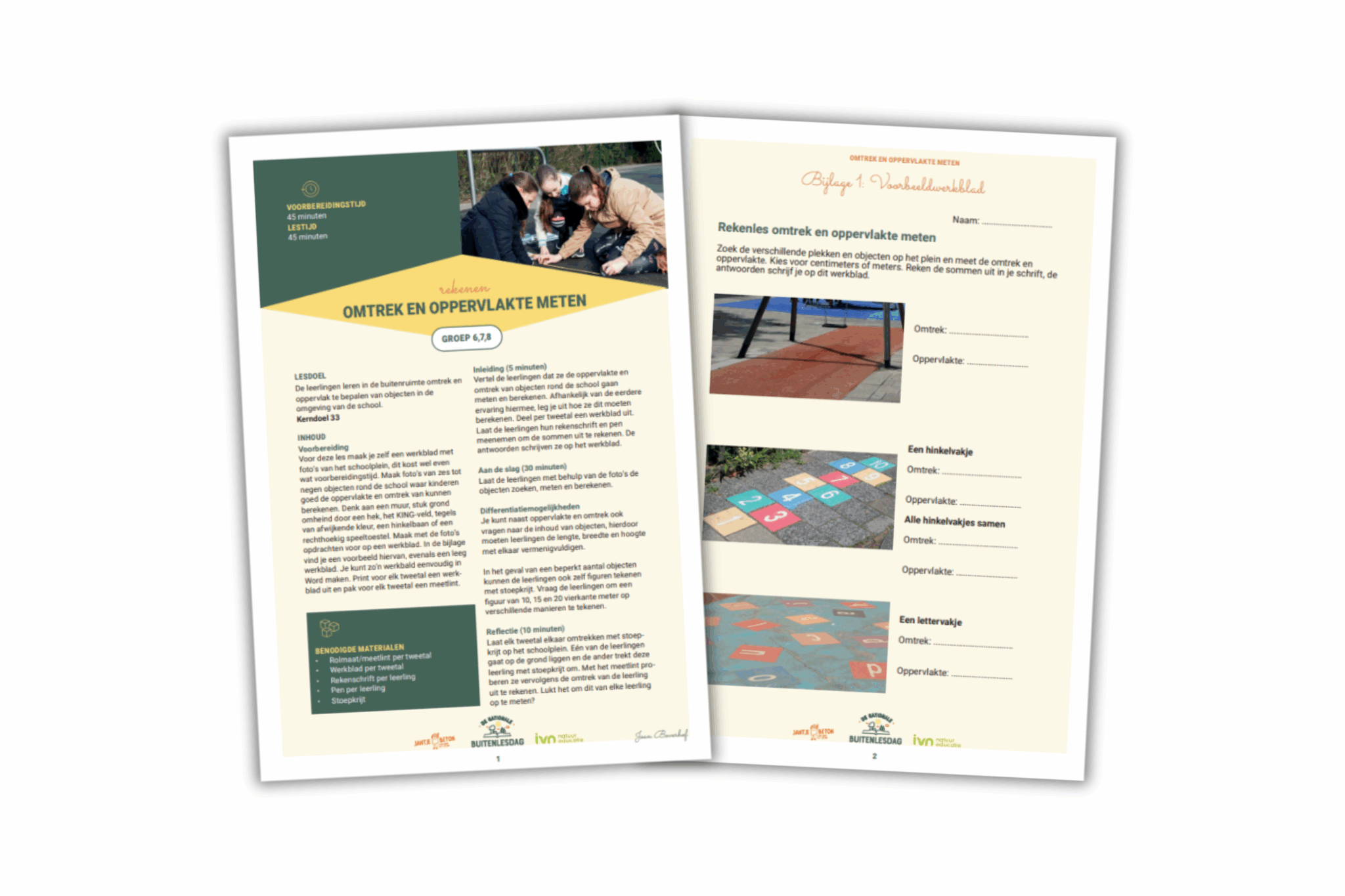 Onderwijsdocument over omtrek en oppervlakte meten met foto's van buitenspellen en meetinstructies.