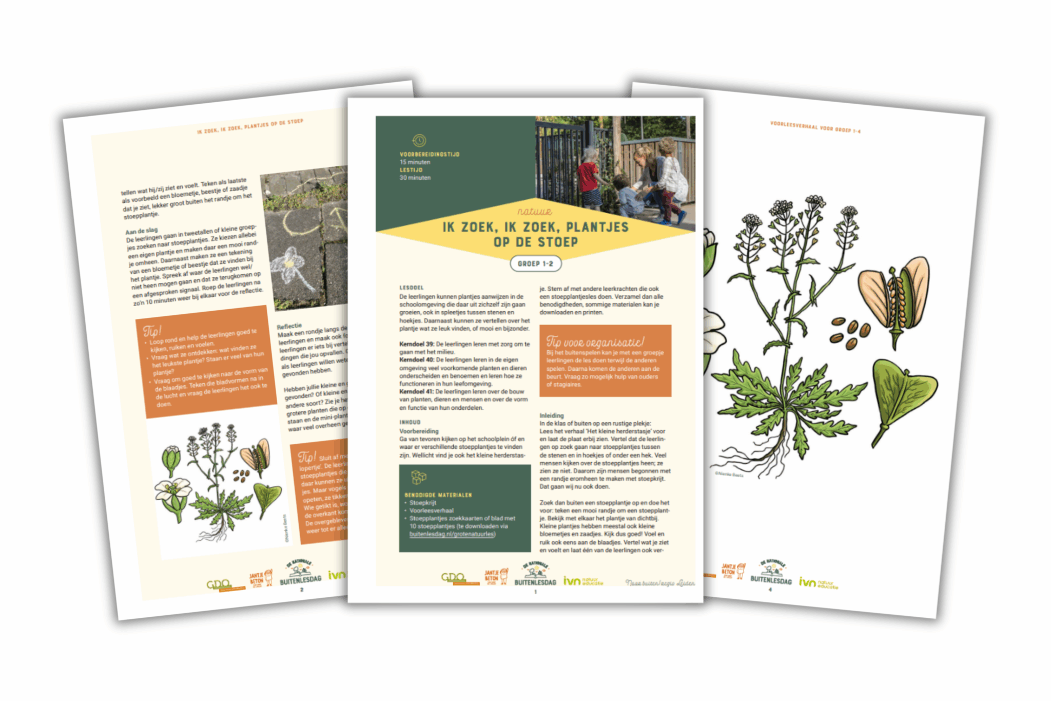 Educatief lesmateriaal over planten op de stoep, met tekst en illustraties voor jonge kinderen.