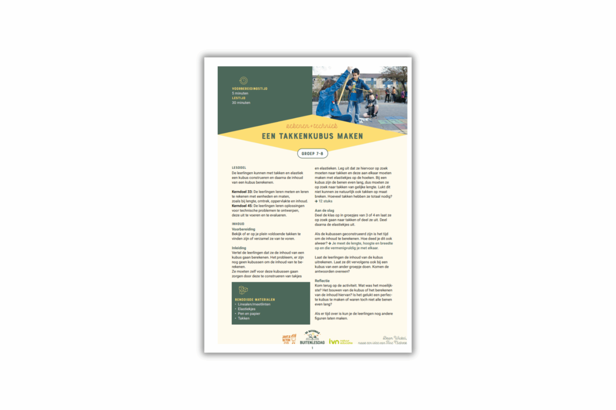 Poster voor een lesactiviteit over het maken van een takkenkubus, gericht op groep 7-8.