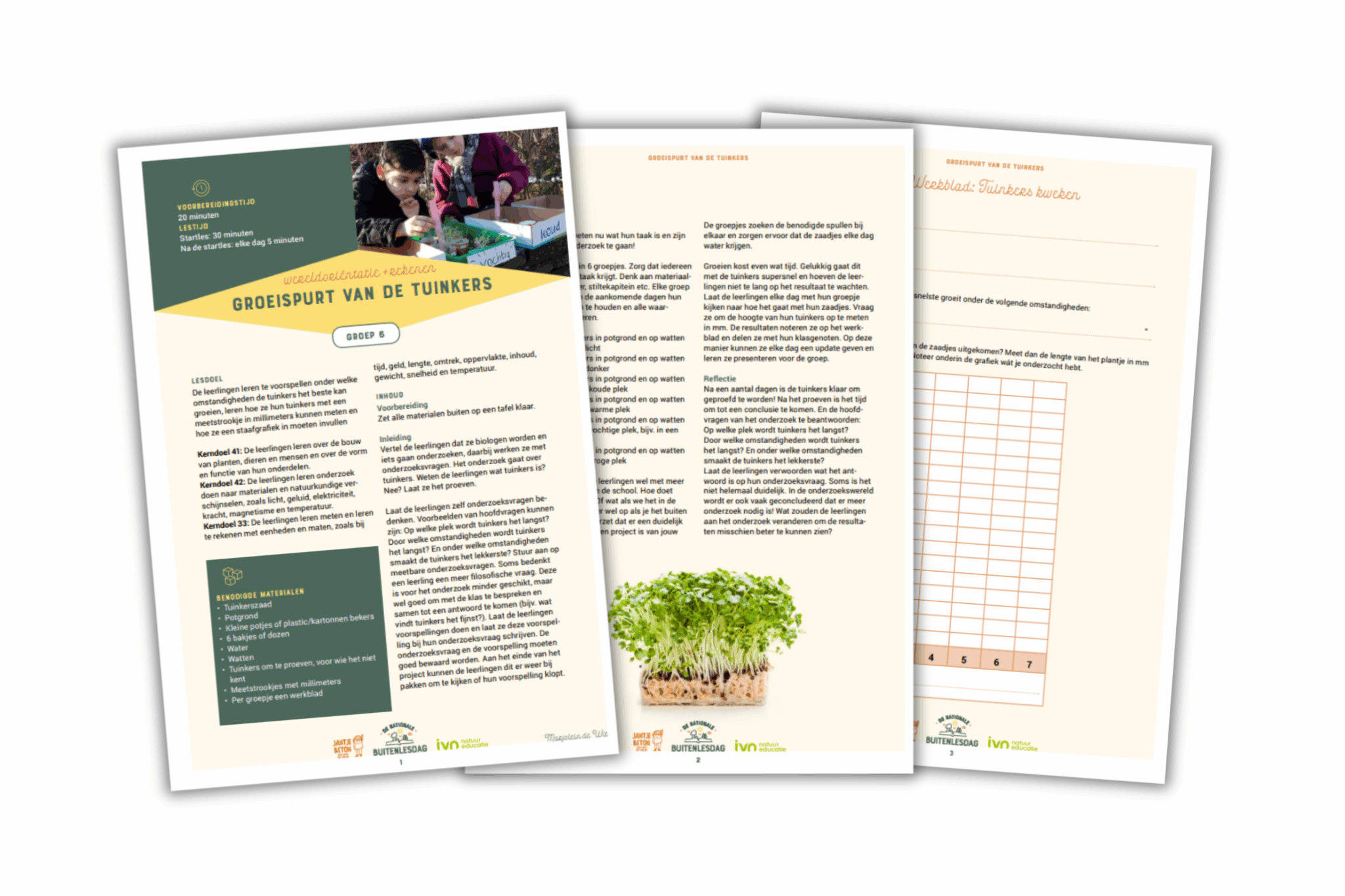 Educatieve flyer over de groei van tuinkers, met lesinstructies en een diagram.