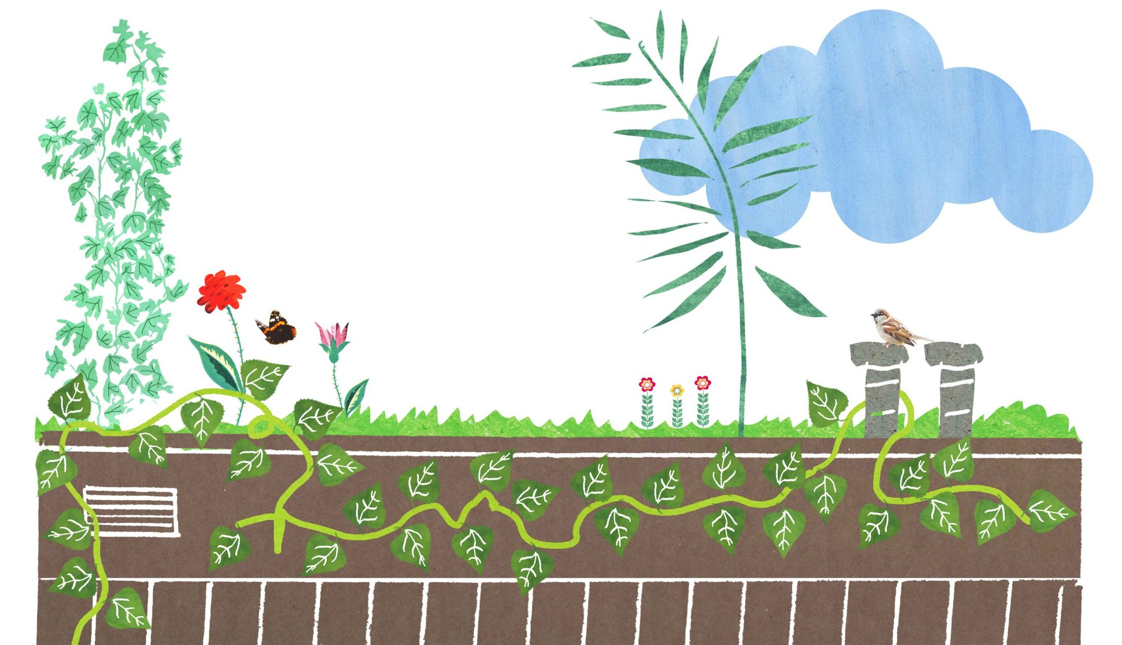 Dakterras met planten, bloemen, een vogel op schoorstenen, een vlinder en een blauwe wolk.