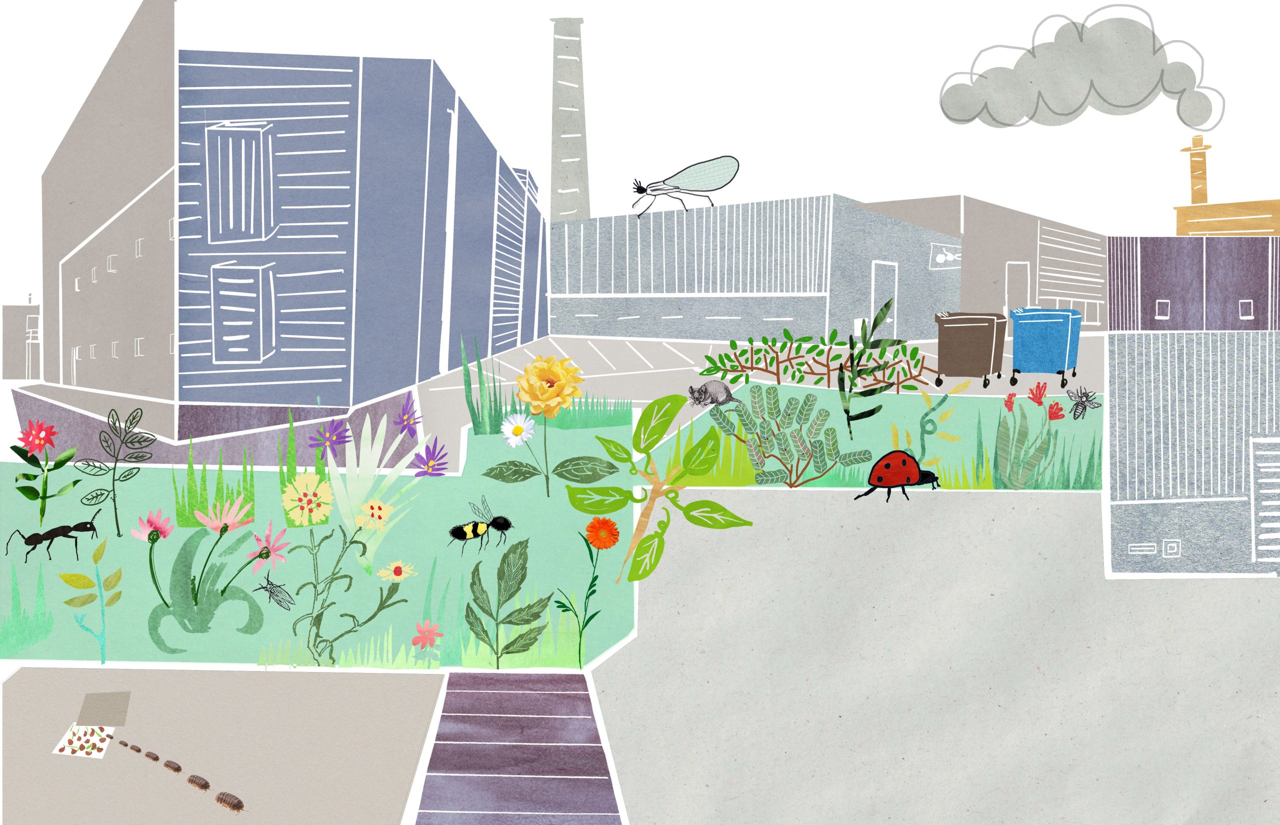Illustratie van een stad met planten, insecten en grijze gebouwen in de achtergrond.