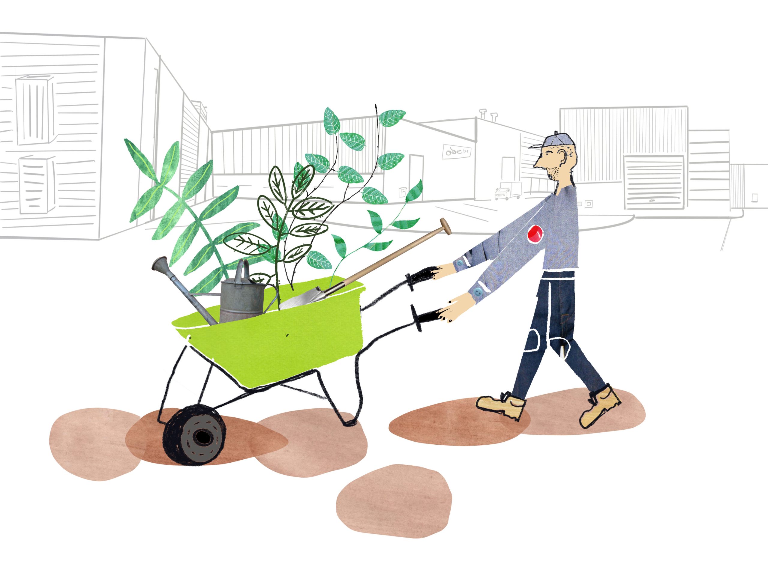 Persoon duwt kruiwagen met planten en gereedschap voor gebouwen, in een schetsachtige stijl.