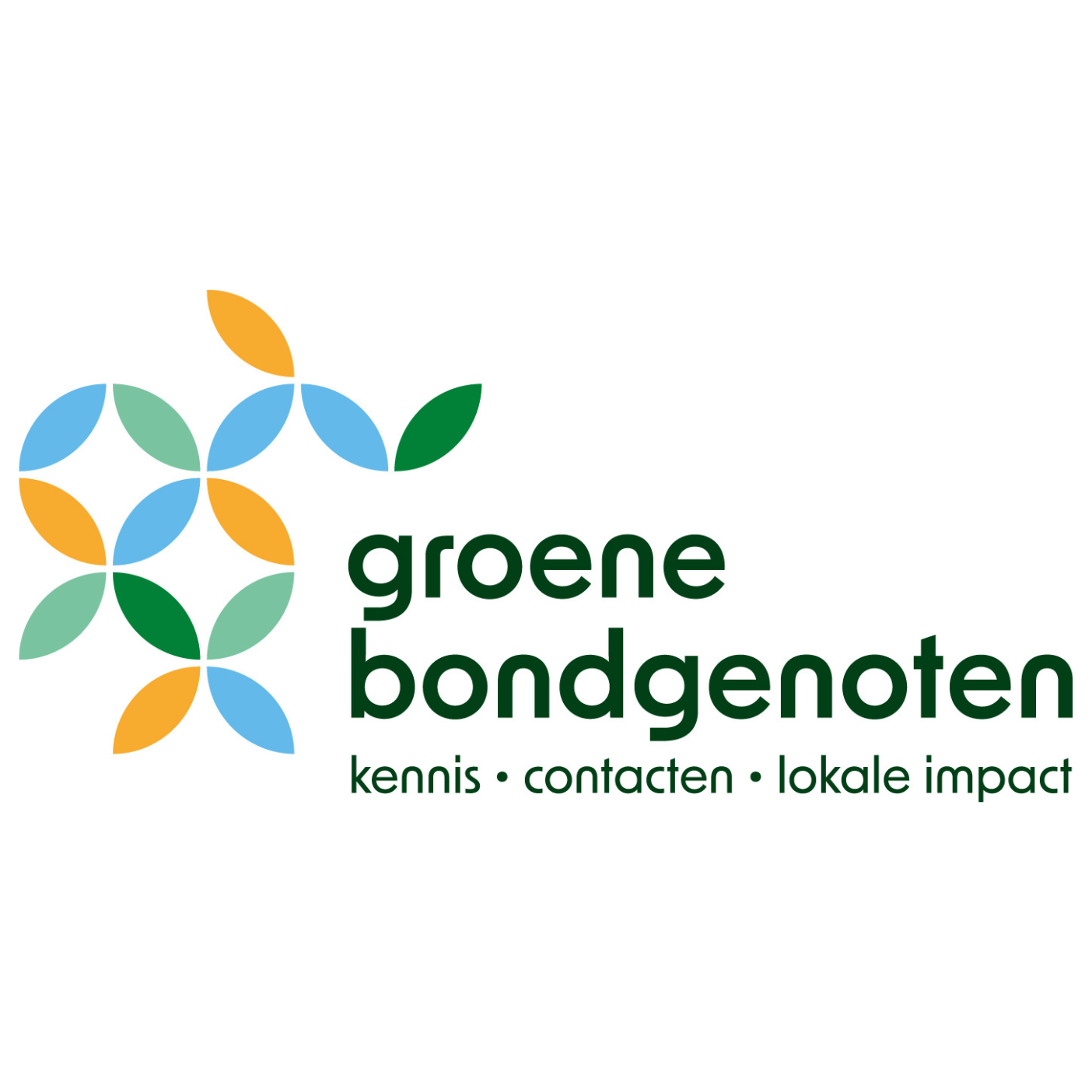 Logo van Groene Bondgenoten met kleurrijke bladeren en tekst: "kennis, contacten, lokale impact".