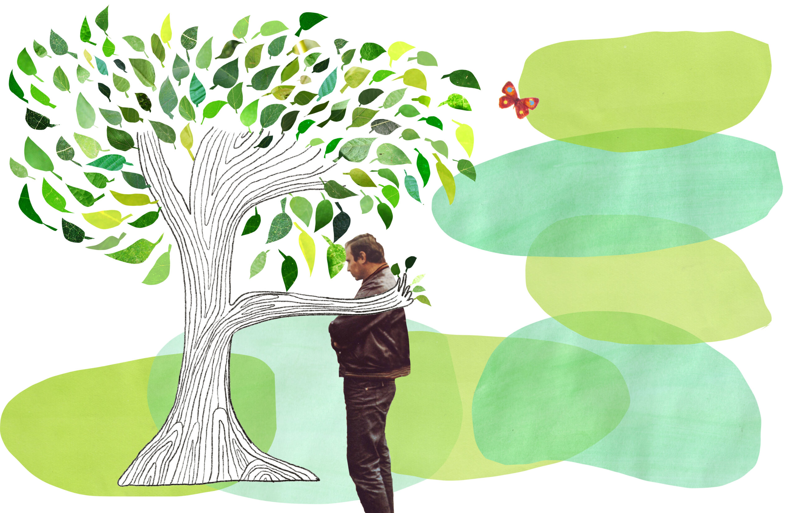 Man leunt tegen een boom, groen loof, omgeven door abstracte vormen en een kleine vlinder.