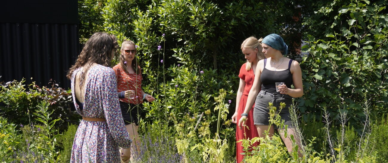 Vier mensen praten en drinken in een weelderige tuin met groene planten.