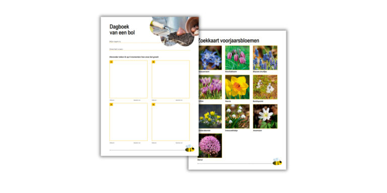 Twee overlappende bladen: een plantdagboek en een zoekkaart van voorjaar bloemen.