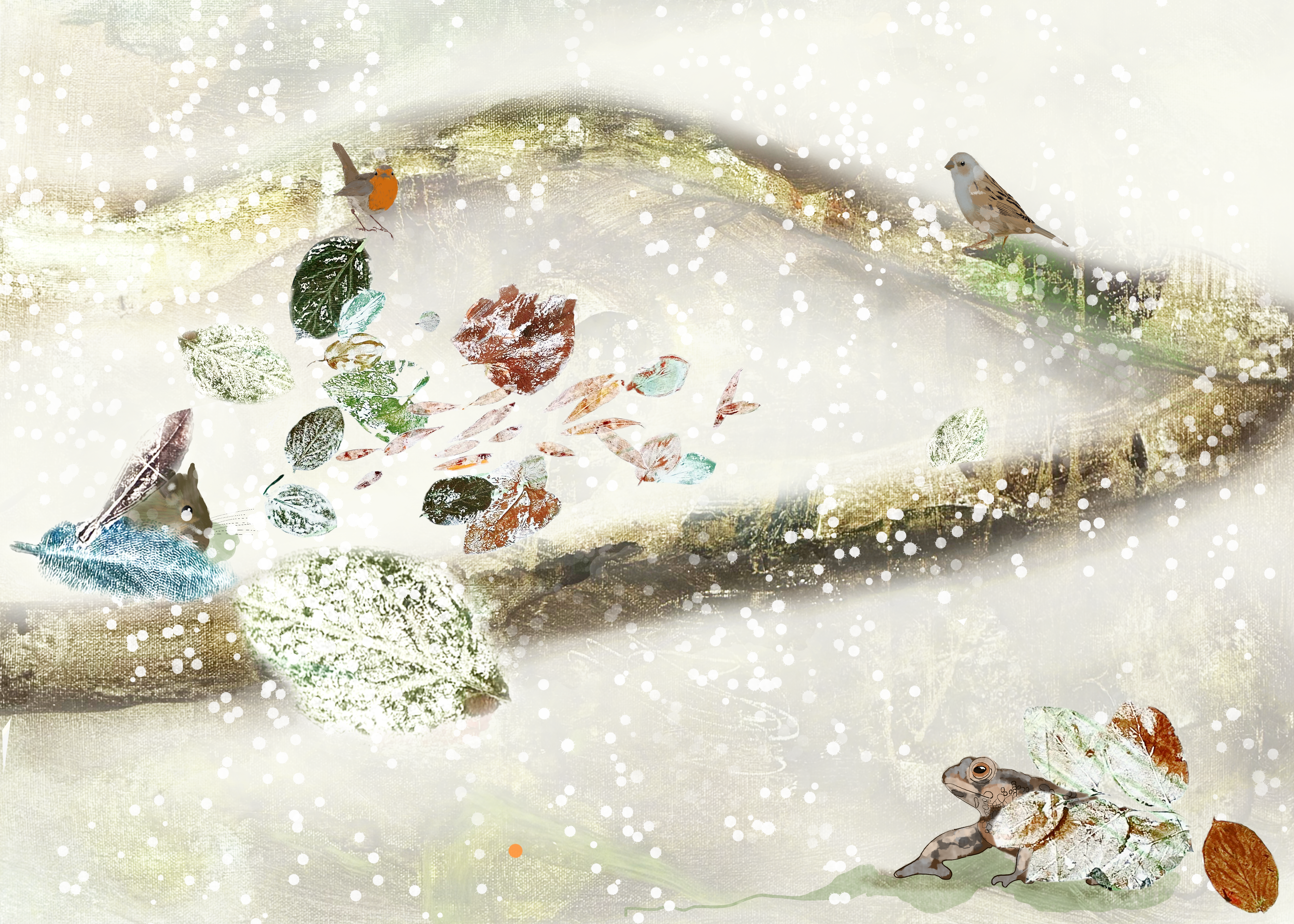 Sneeuwlandschap met vogels, bladeren en een pad op de grond, omgeven door vallende sneeuw.