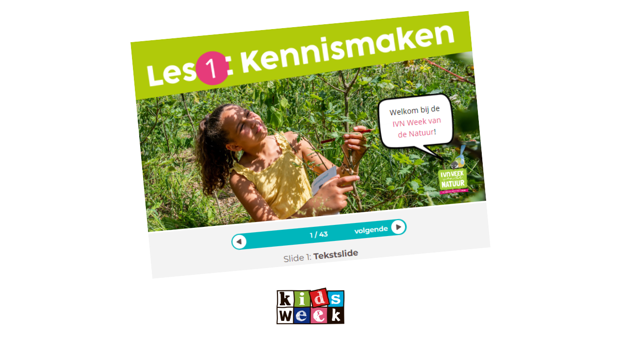 Meisje in de natuur met tekst: "Les 1: Kennismaken" en "Welkom bij de IVN Week van de Natuur".