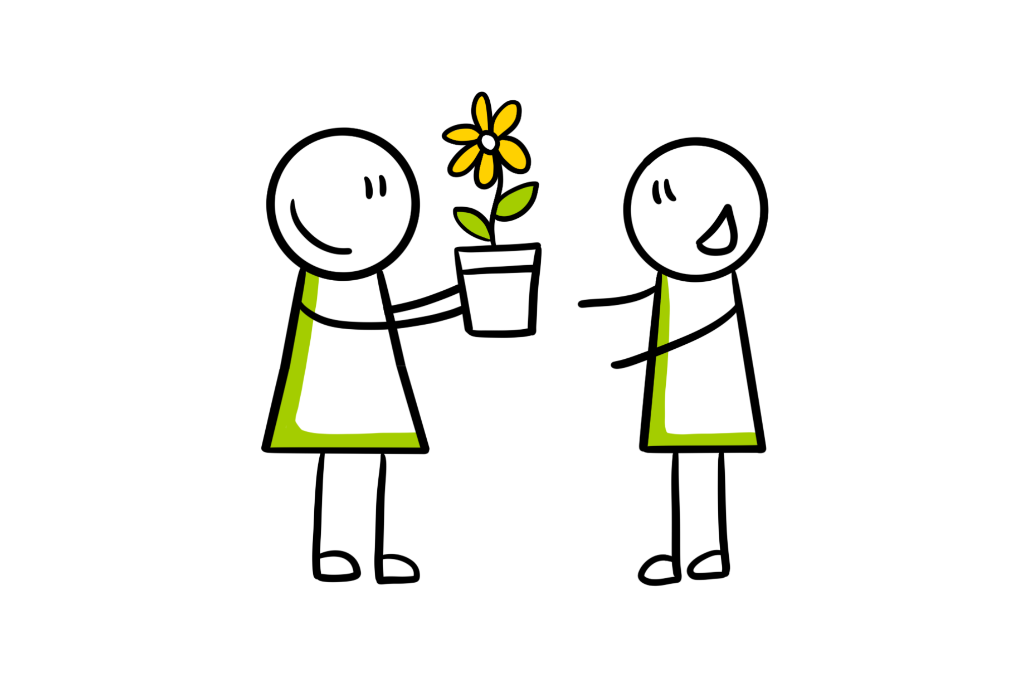 Twee figuren, waarvan één een gele bloem in een pot geeft aan de ander.