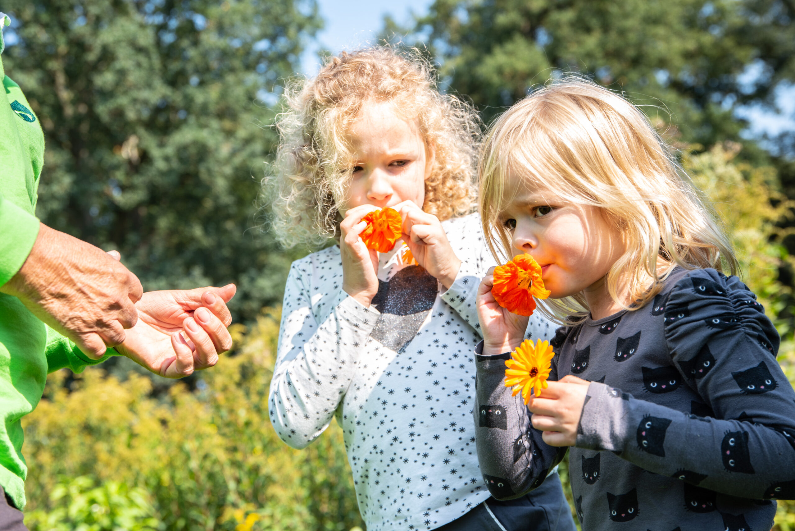 Twee kinderen ruiken oranje bloemen in een zonnige tuin; een volwassene reikt iets aan.
