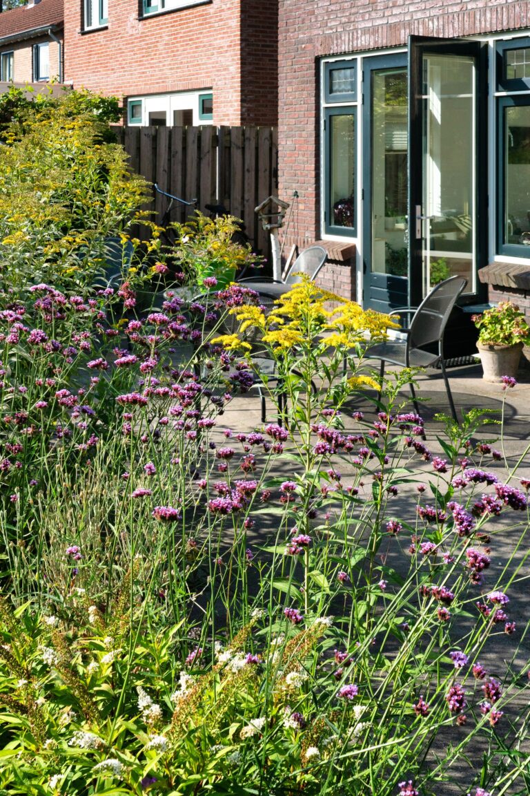 Achtertuin met kleurrijke bloemen, terrasstoelen en een glazen deur naar een bakstenen huis.