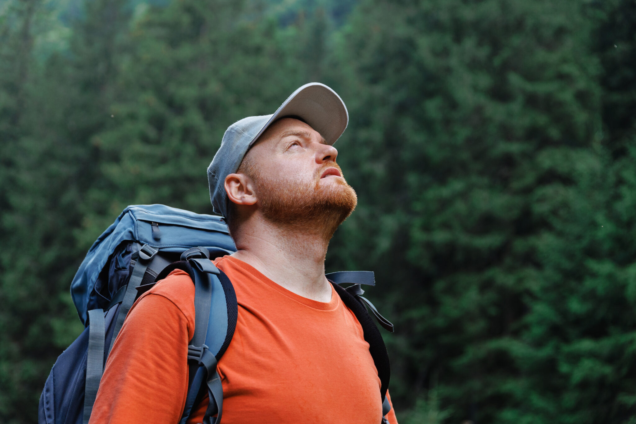 Man met oranje shirt en grijze pet kijkt omhoog in een bos, met rugzak om.