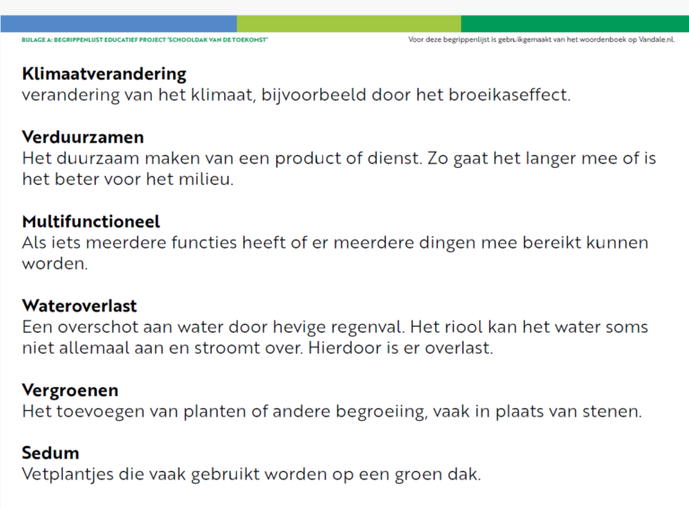 Begrippenlijst over klimaat: klimaatverandering, verduurzamen, multifunctioneel, wateroverlast, vergroenen, sedum.