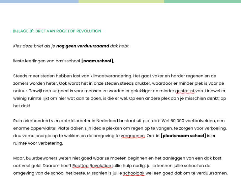 Brief aan basisschool over klimaatverandering en gebruik daken voor vergroening.