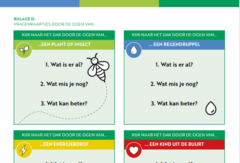 Vier vragenkaarten: plant/insect, regendruppel, energiedrijf, kind uit de buurt.