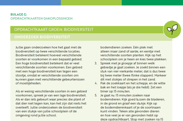 Opdrachtkaart over biodiversiteit met instructies voor onderzoek op twee locaties.