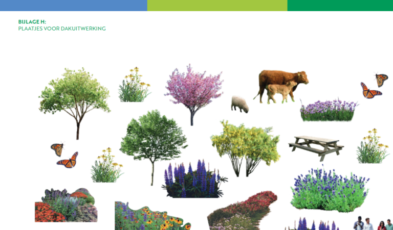 Afbeelding van bomen, bloemen, dieren en een picknicktafel voor dakuitwerking.