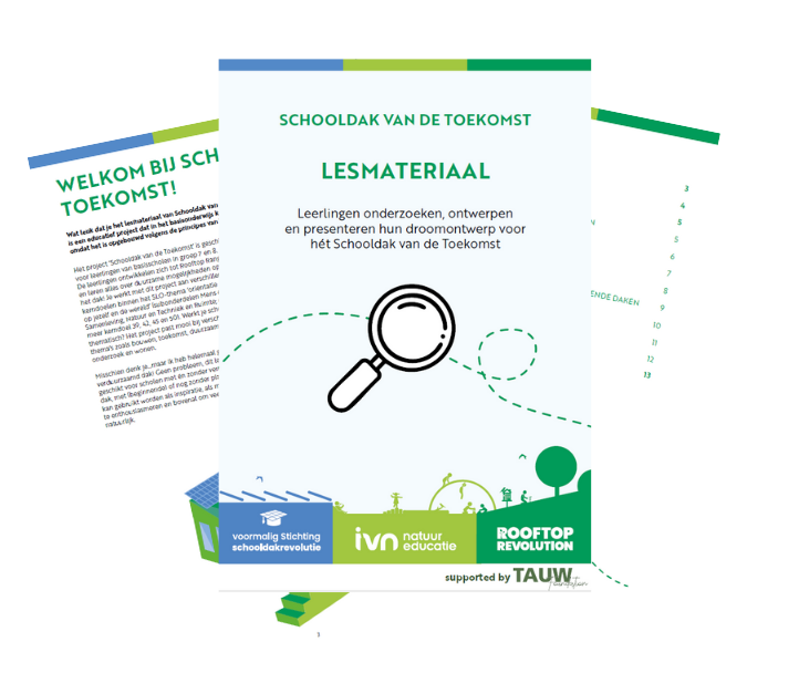 Voorblad lesmateriaal "Schooldak van de Toekomst" met vergrootglas-icoon.
