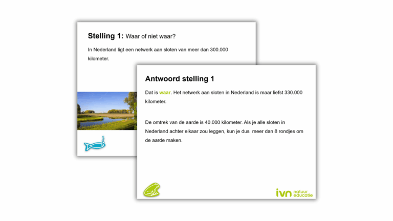 Twee kaarten met een uitspraak over Nederlandse sloten van 330.000 km en bijbehorend antwoord.