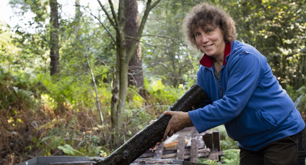 Persoon in bosomgeving tilt een houtblok.