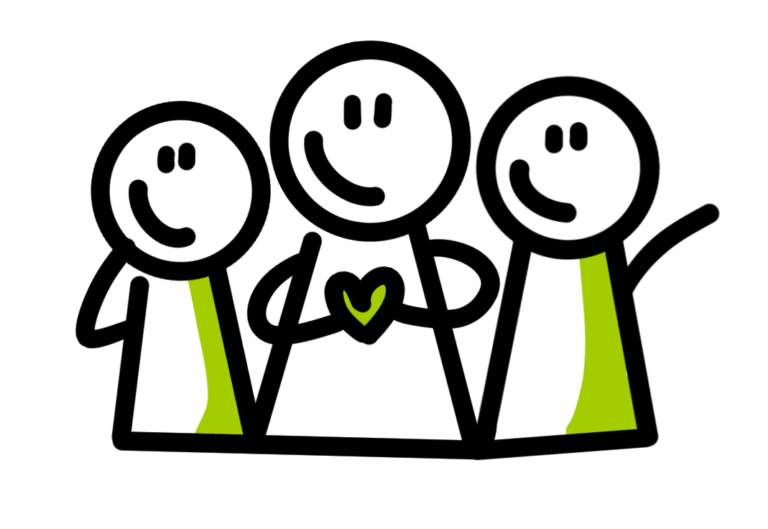 Drie eenvoudige figuren met glimlachen, middelste figuur houdt een hart vast, groene accenten.