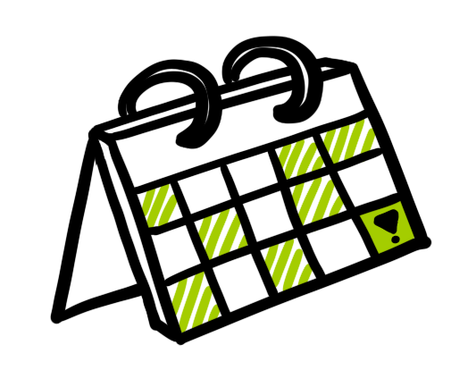 Een schematische kalender met groene gestreepte data en een uitroepteken.