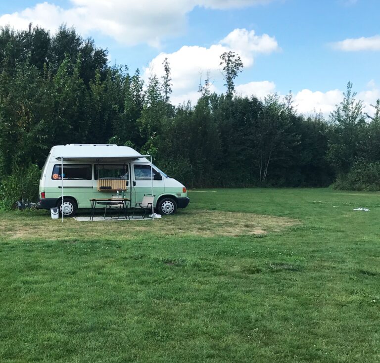 Camper met luifel en tafel op grasveld, omringd door bomen onder een blauwe lucht.